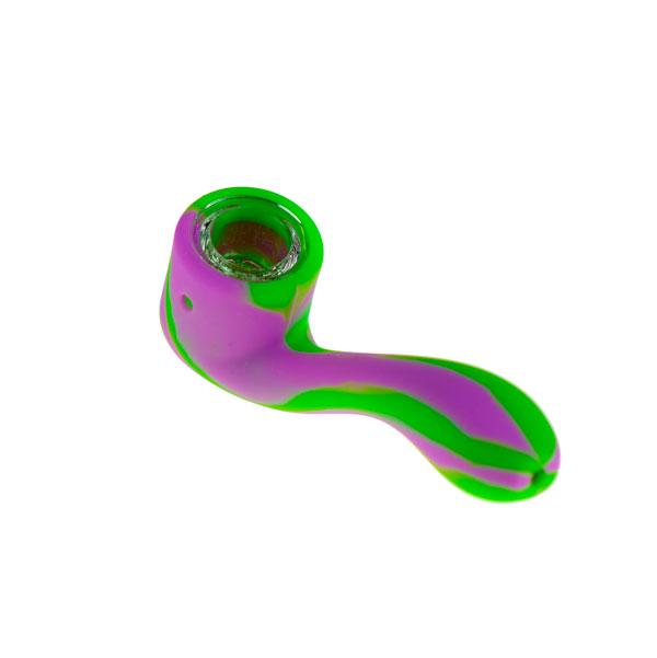 A side view of the Silicone Sherlock Pipe, showing its curved form and smooth, purple finish.