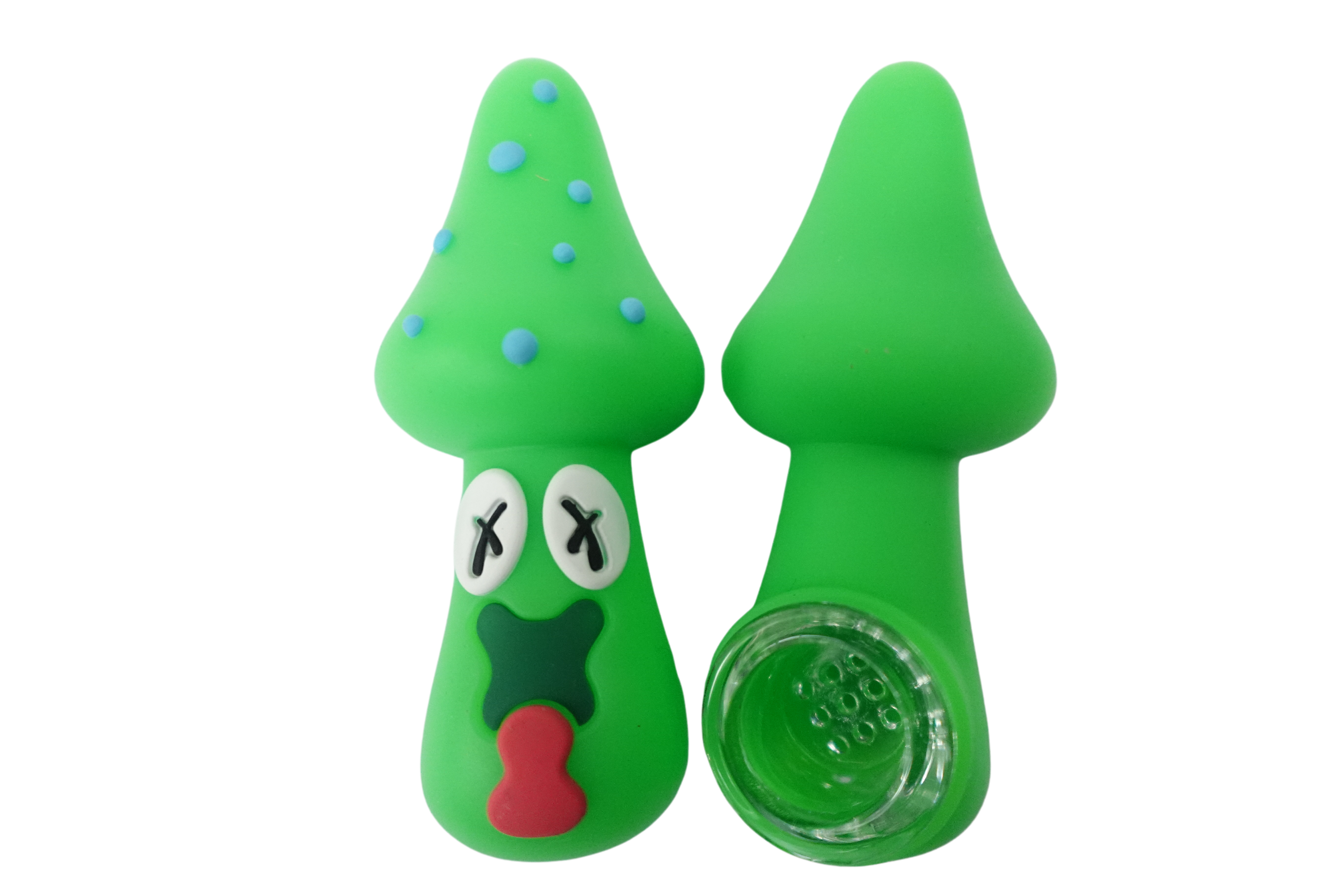 A front and side view of the Silicone Intoxicated Mushroom Hand Pipe, showcasing its vibrant green, mushroom-shaped design.