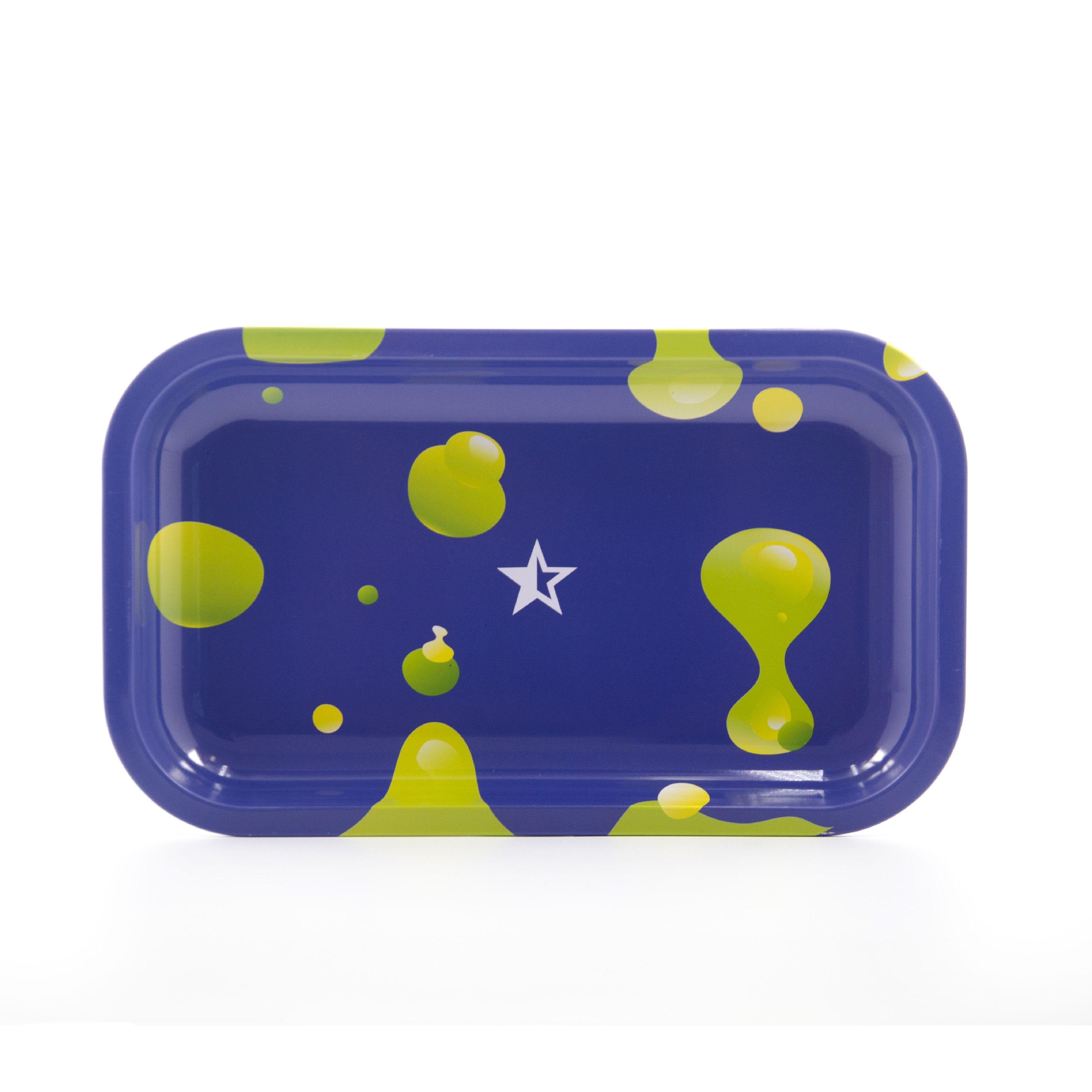 Overhead view of the Privilege Rolling Tray, featuring colorful droplet designs against a dark background.