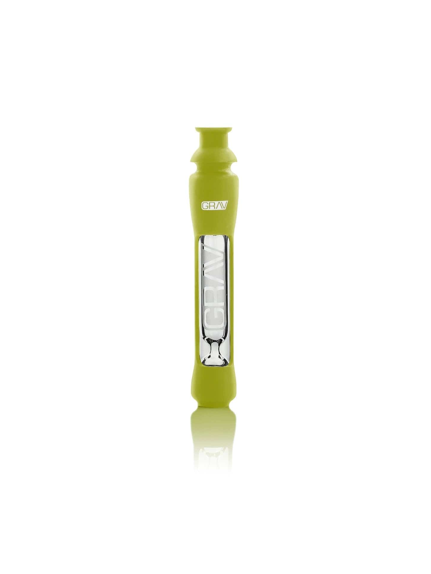 A studio shot of the Grav 12mm Taster with Silicone Skin, featuring a sleek, minimalist design and vibrant green finish.