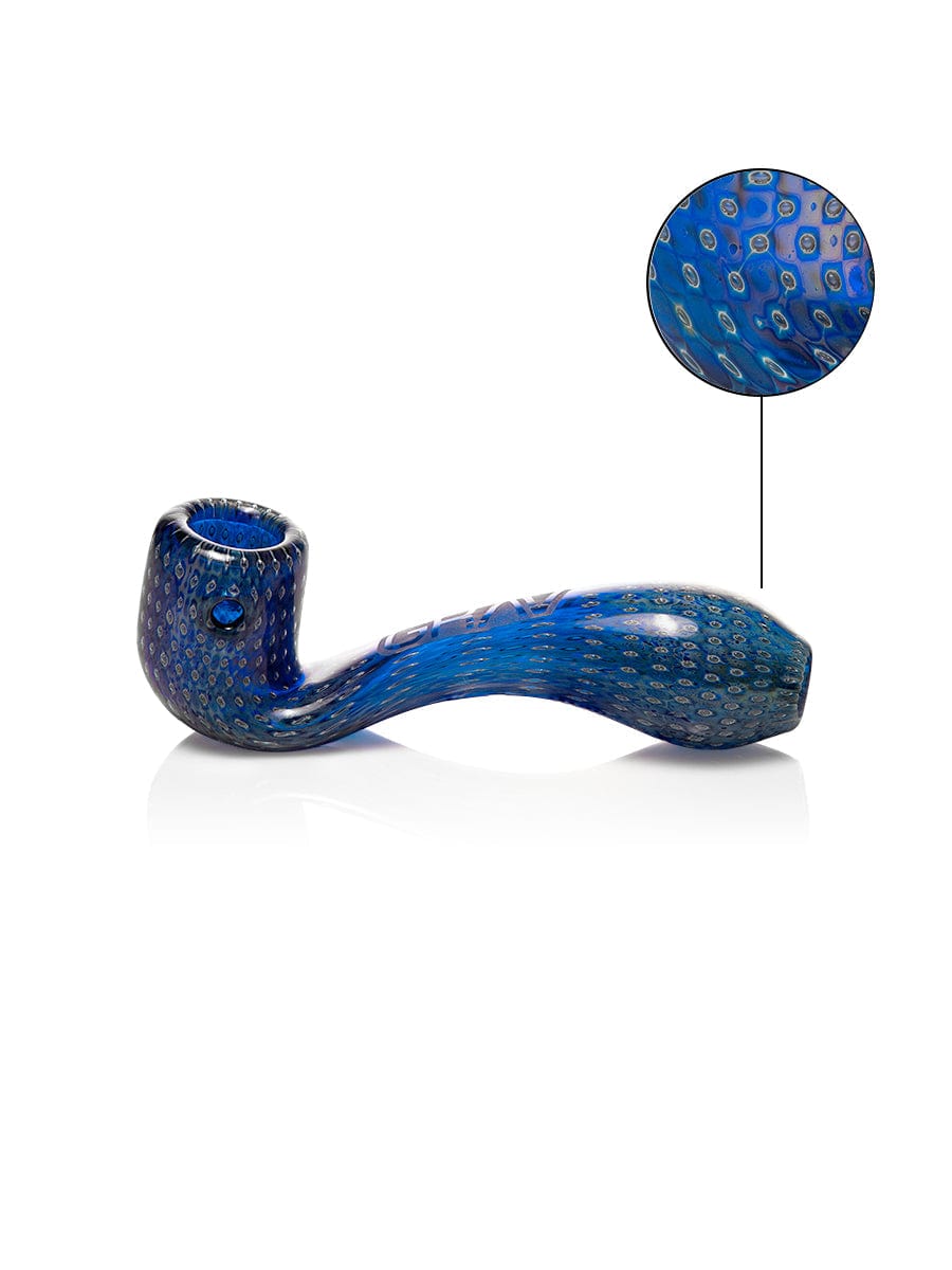 Front view of the Mini Classic Bubble Trap Sherlock Pipe, a blue glass pipe with a curved shape and textured surface.