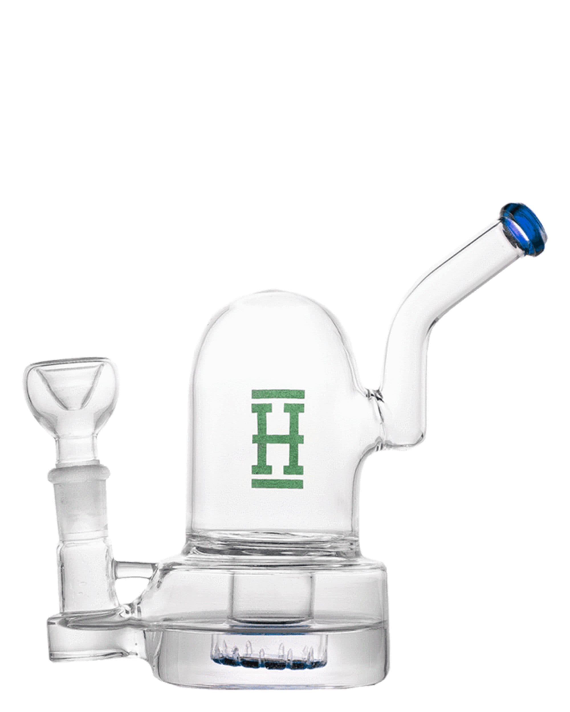 Front view of the Bell Bong, a clear glass water pipe with a textured base and flared neck.