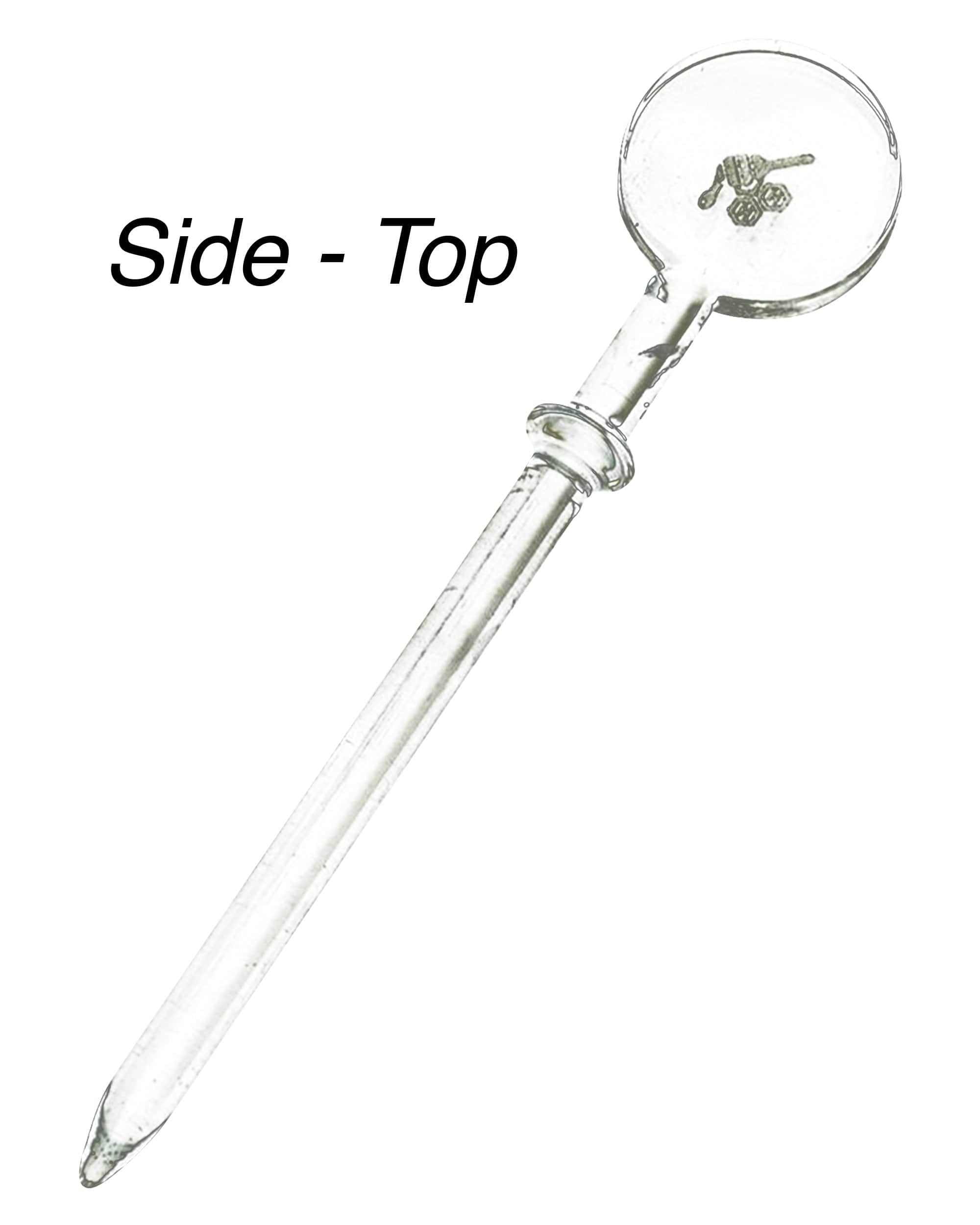 Side view of the Combo Carb Cap Dabber, displaying its elongated shape and smooth, clear glass construction.