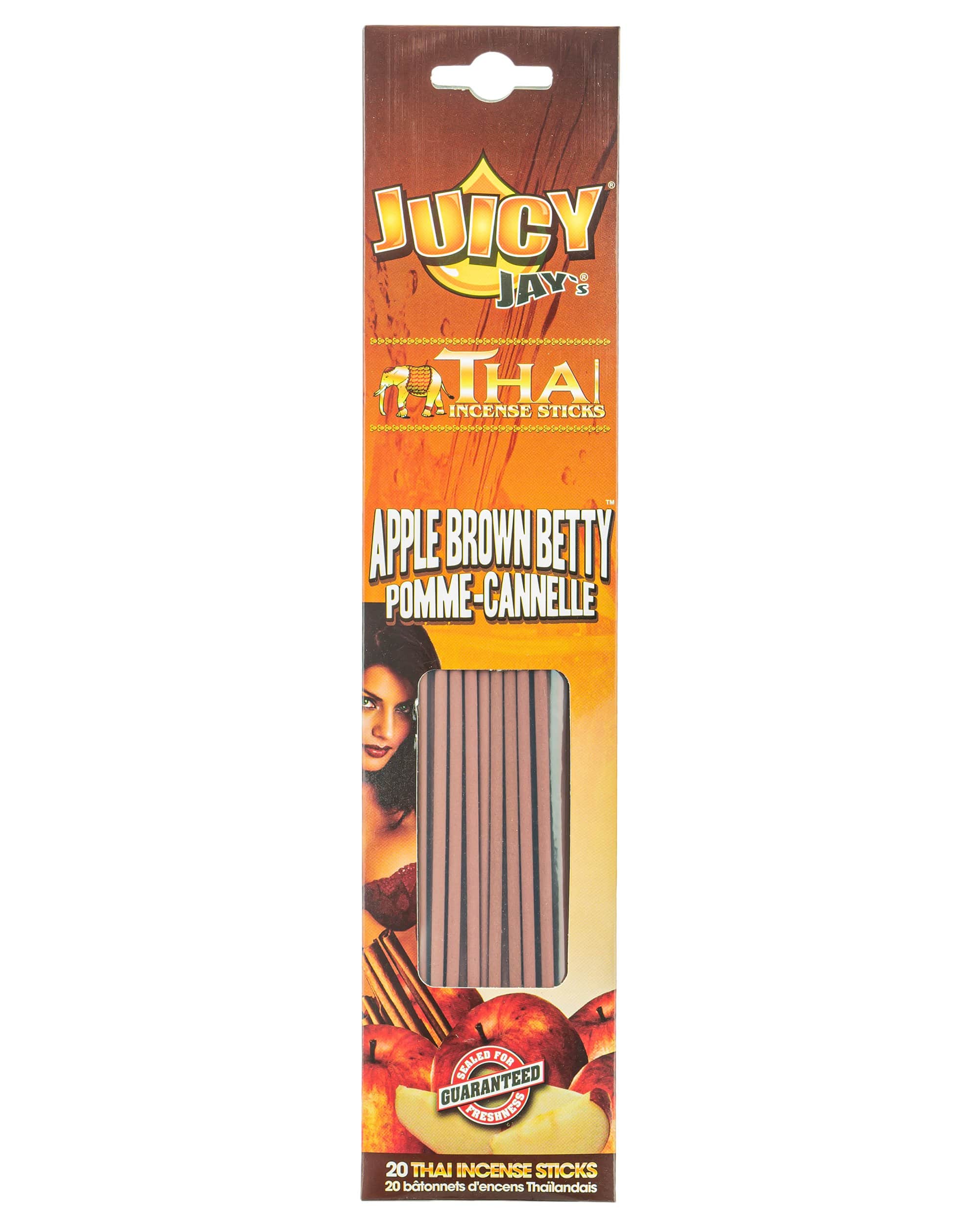 A close-up, front view of the Thai Incense Sticks packaging, displaying a golden-yellow label on a black background.