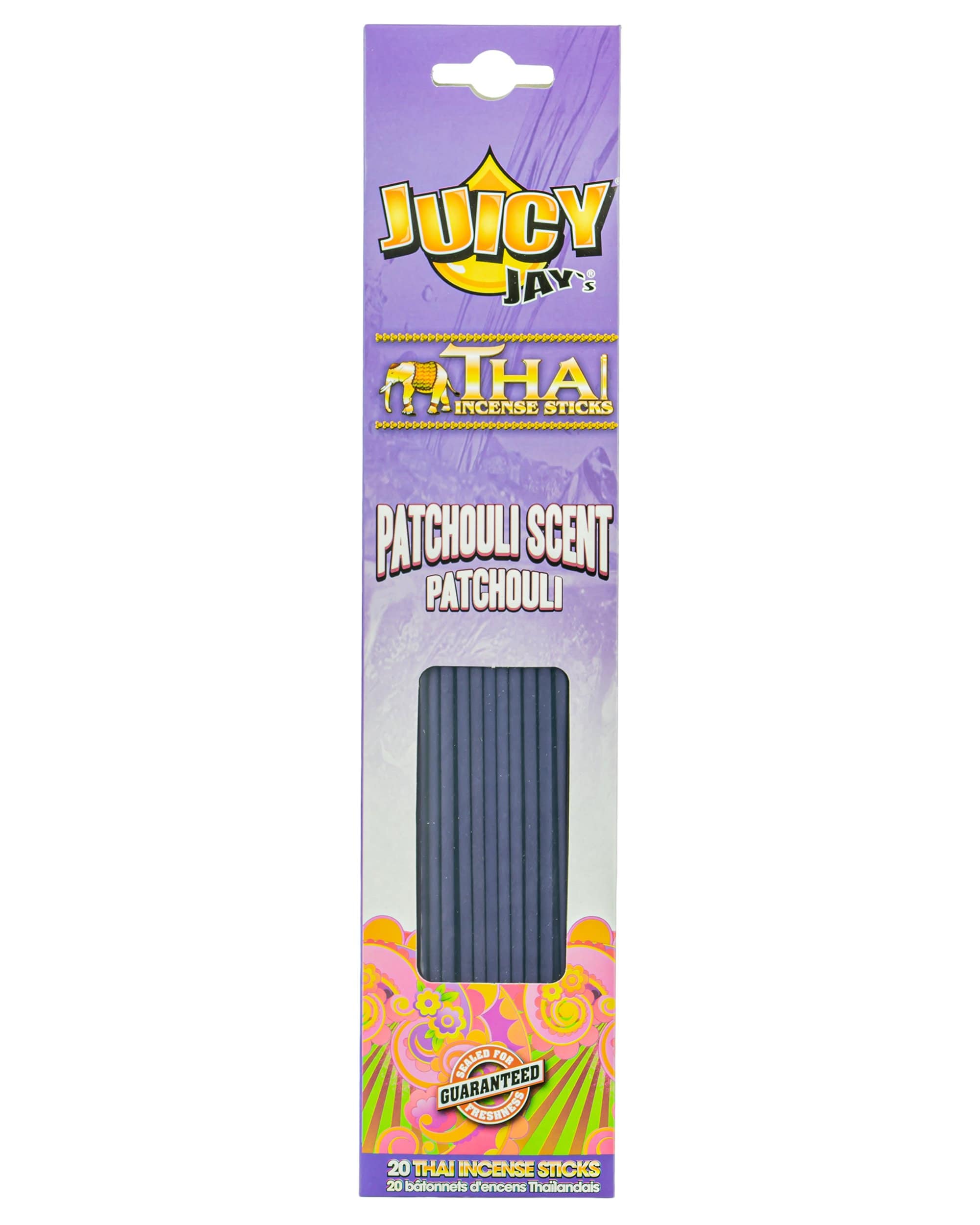 A front view of the Thai Incense Sticks package shows bold, colorful branding against a purple background.