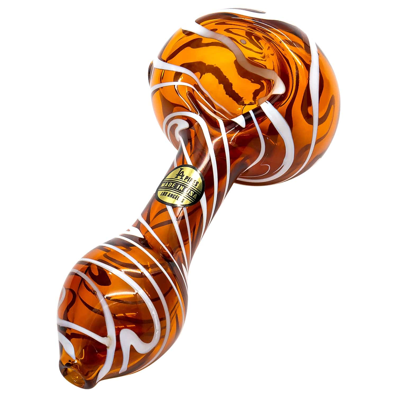A close-up of the Warped Space Color Glass Hand Pipe, showing its vibrant, swirled orange and yellow glass design.