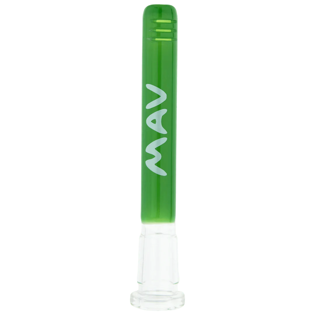 A studio shot of the 4" Color Downstem 18mm to 14mm OG, showcasing its green glass construction in a straightforward, vertical composition.
