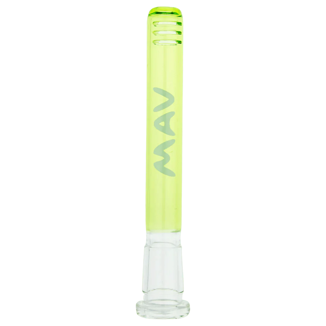 A side view of the 5" Color Downstem 18mm to 14mm OG, showcasing its clear glass construction and downward-angled design.