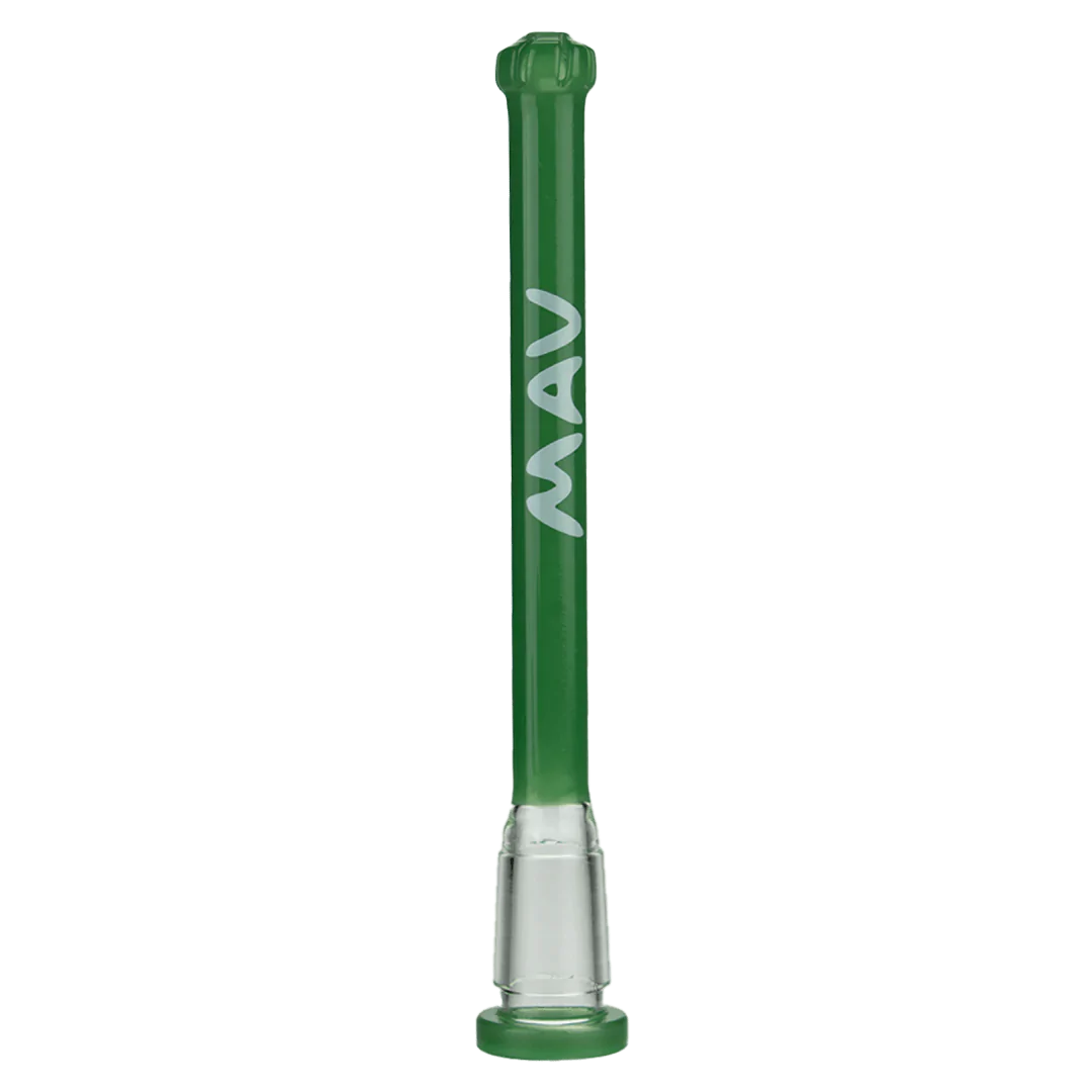 A studio shot of the 5" Showerhead Slitted Colored Downstem, displaying its clear glass construction and simple, cylindrical form.