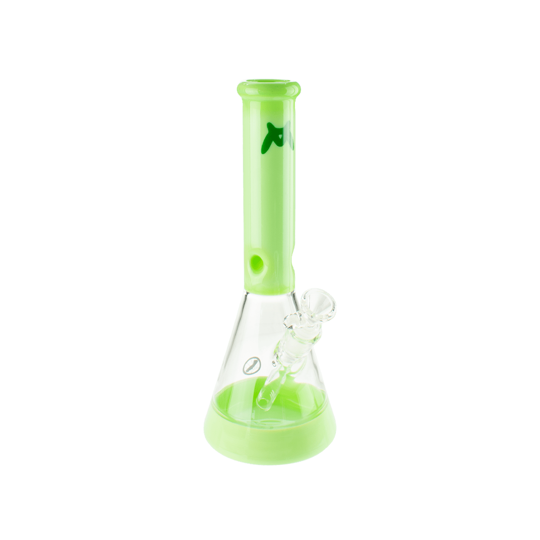 Front view of the Full Color Beaker Bong, a translucent green glass bong with a classic beaker shape and simple design.