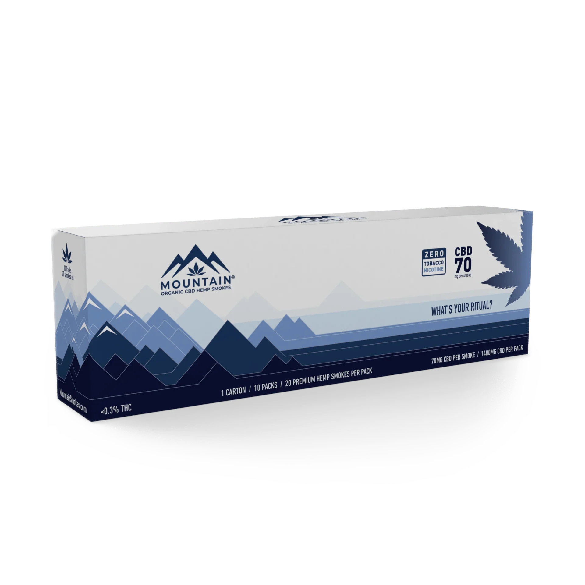 Front view of Mountain CBD Hemp Smokes packaging with a green leaf emblem and bold red and white text details.