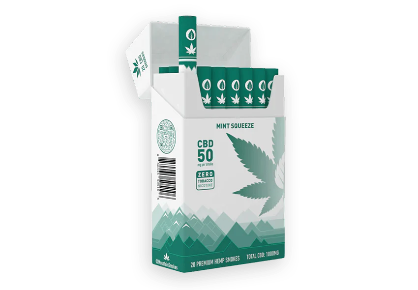 Front view of the CBD Hemp Smokes packaging, displaying a mint-colored box with branding and text details.