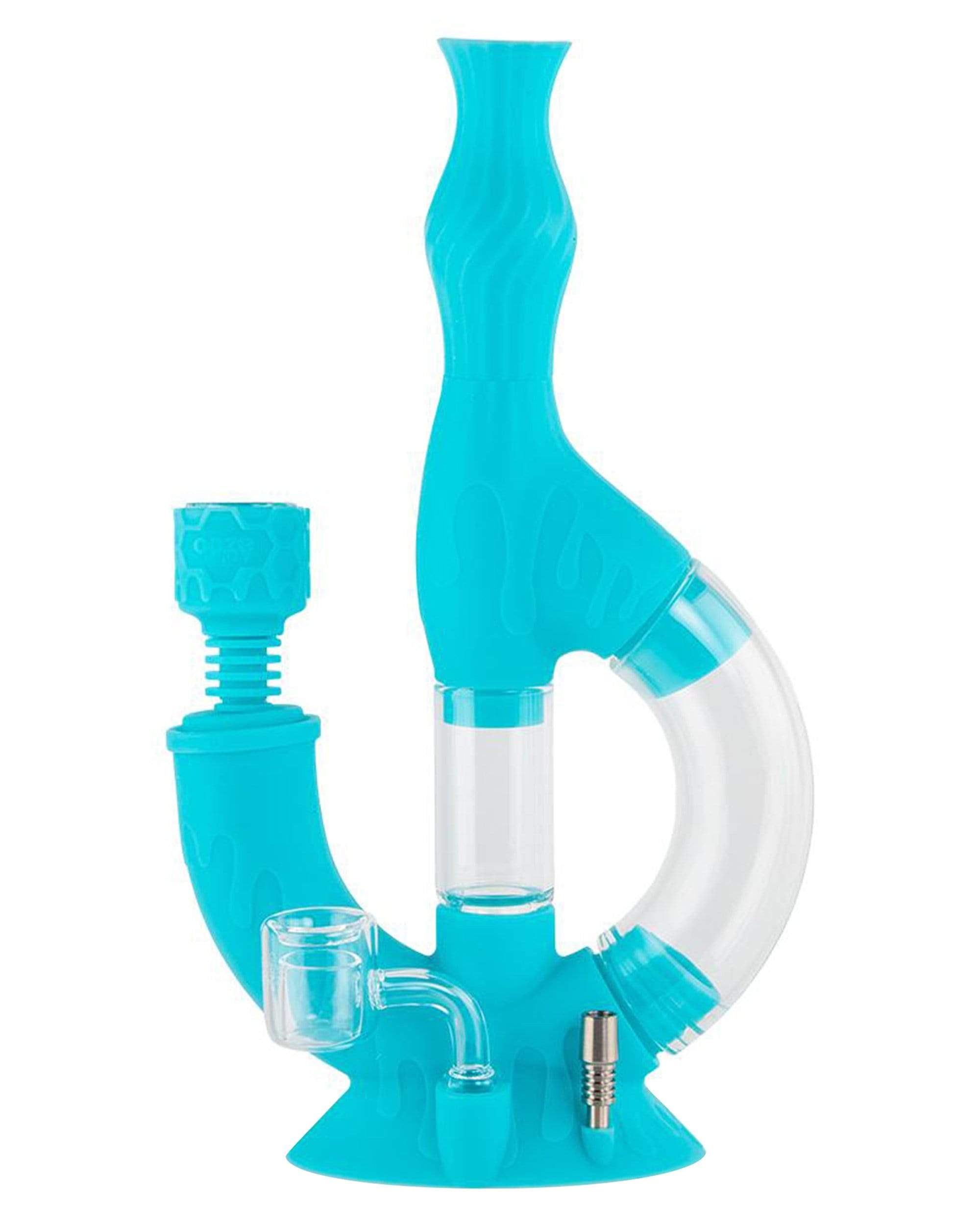 Front view of the Echo 4-in-1 Silicone Bong, showcasing its blue, curved design and clear mouthpiece.
