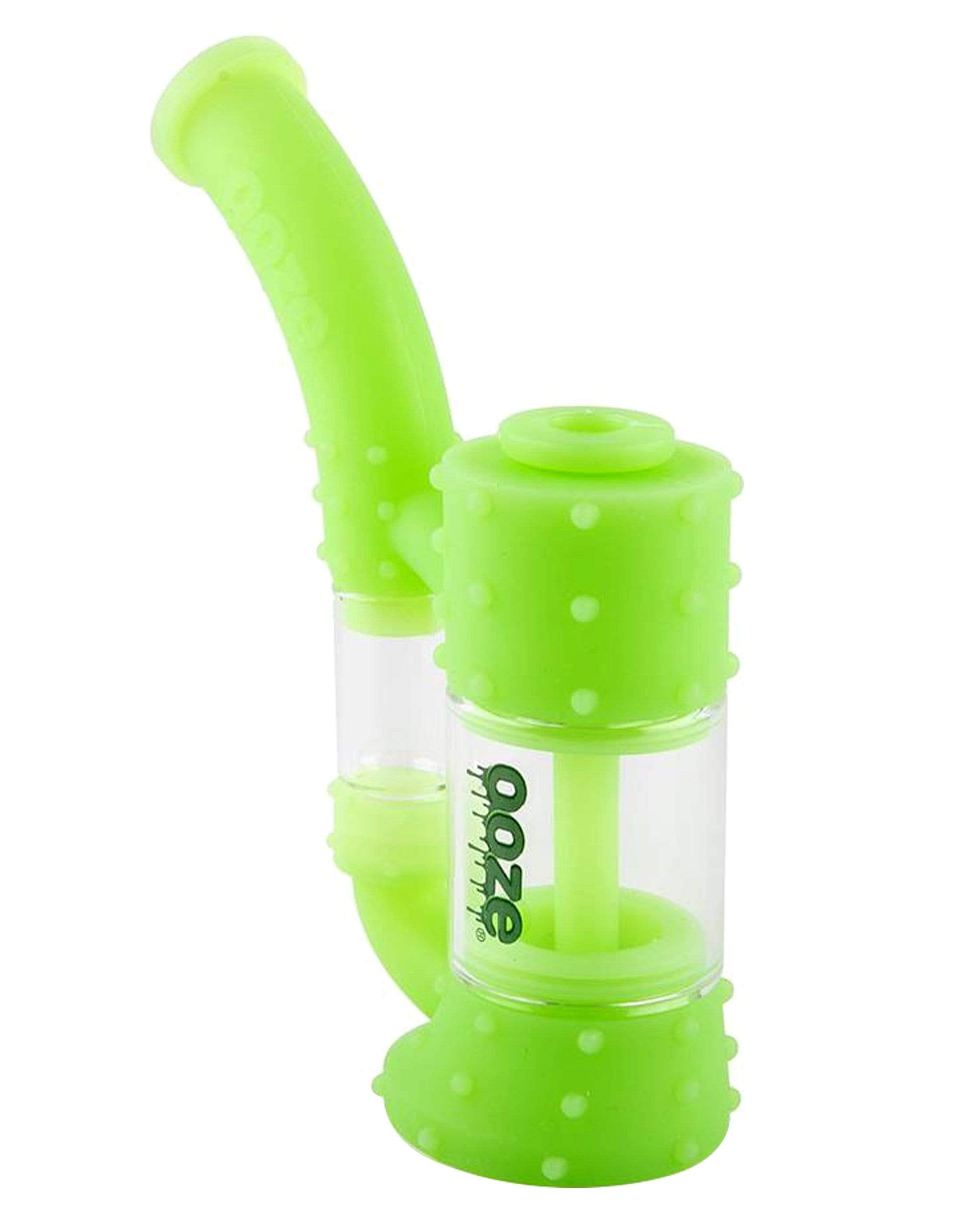 A front view of the Stack Silicone Bubbler, showcasing its textured, green silicone body and compact design.