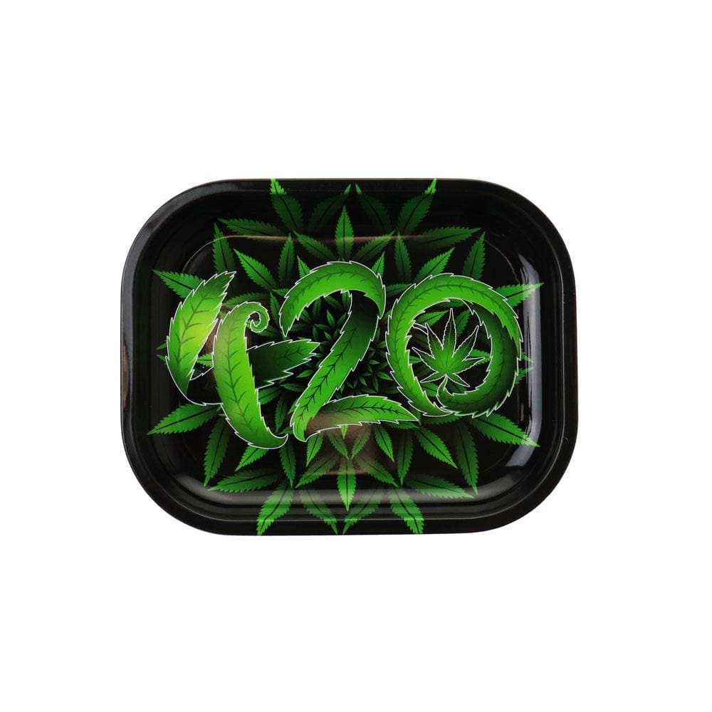 Overhead view of the 420 Rolling Tray, displaying a black rectangular surface with bold white lettering.