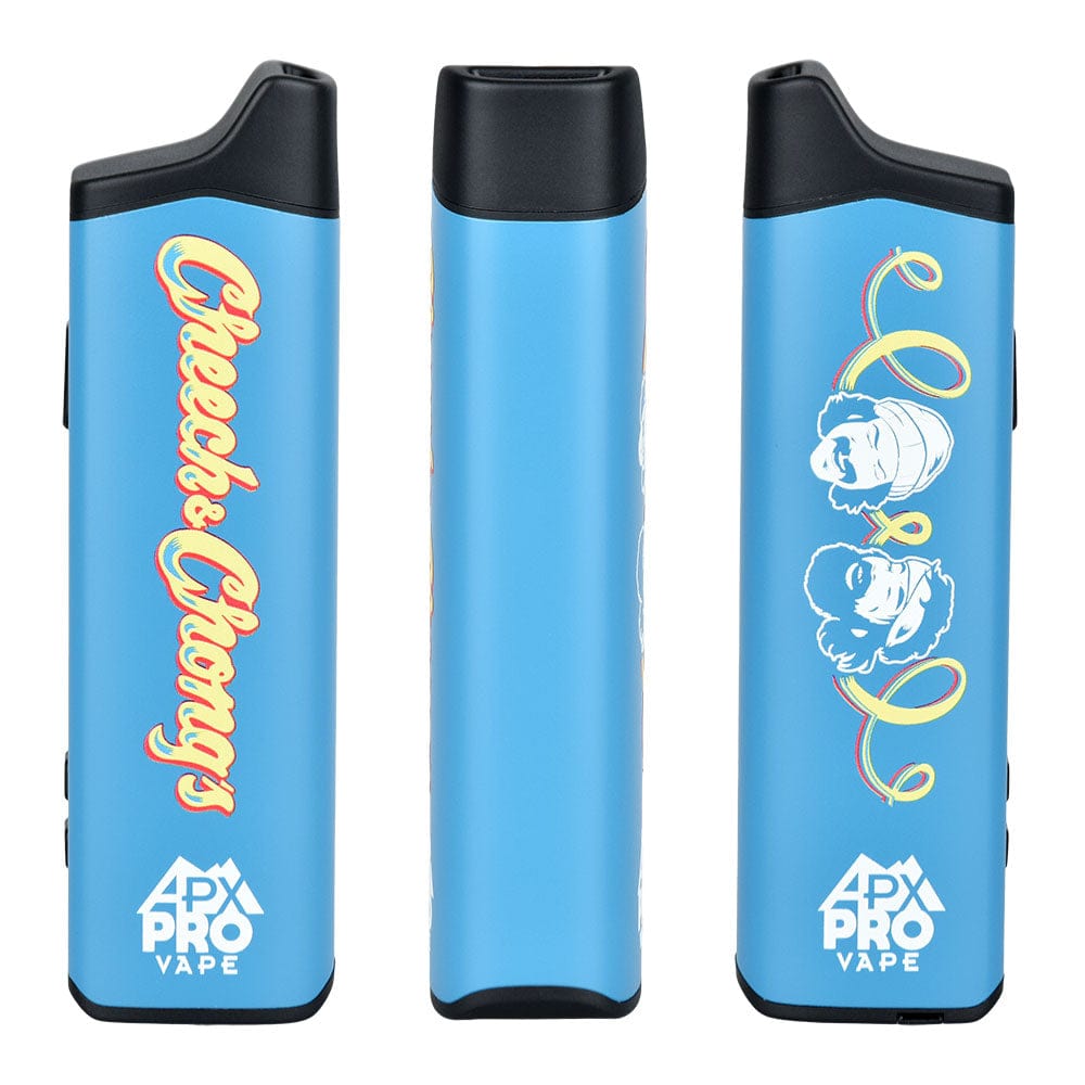 Front view of the APX Pro Dry Herb Vaporizer, with a blue gradient and white lettering in a vertical arrangement.