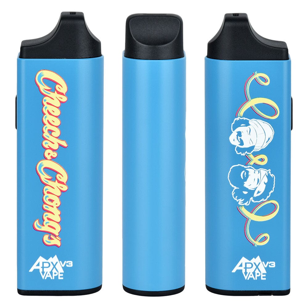 Front view of the APX Vape V3 Dry Herb Vaporizer with a colorful graphic design on a clean, white background.