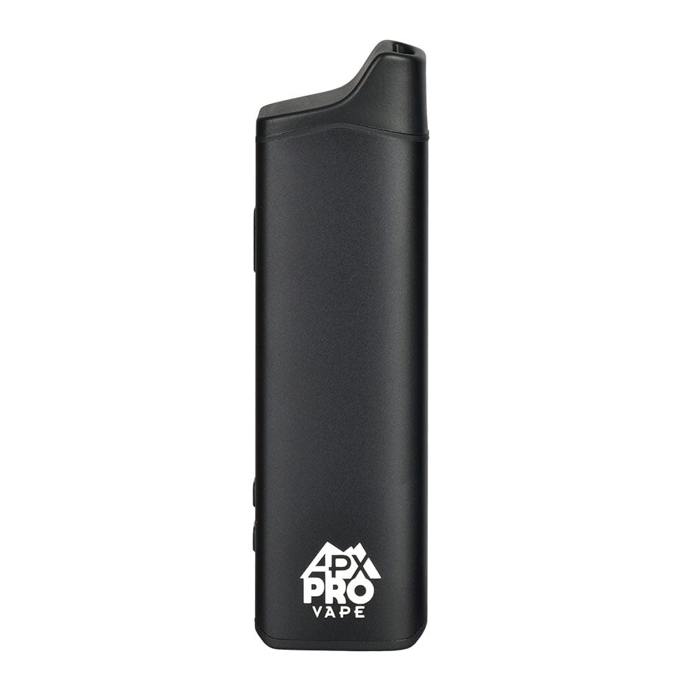 Front view of the APX Pro Dry Herb Vaporizer, a sleek, black device isolated on a white background.