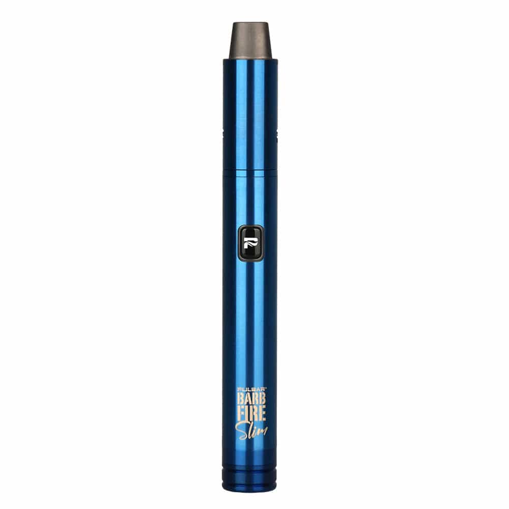 Front view of the Barb Fire Slim Variable Voltage 2-in-1 vape, showcasing its sleek, metallic blue design against a dark background.