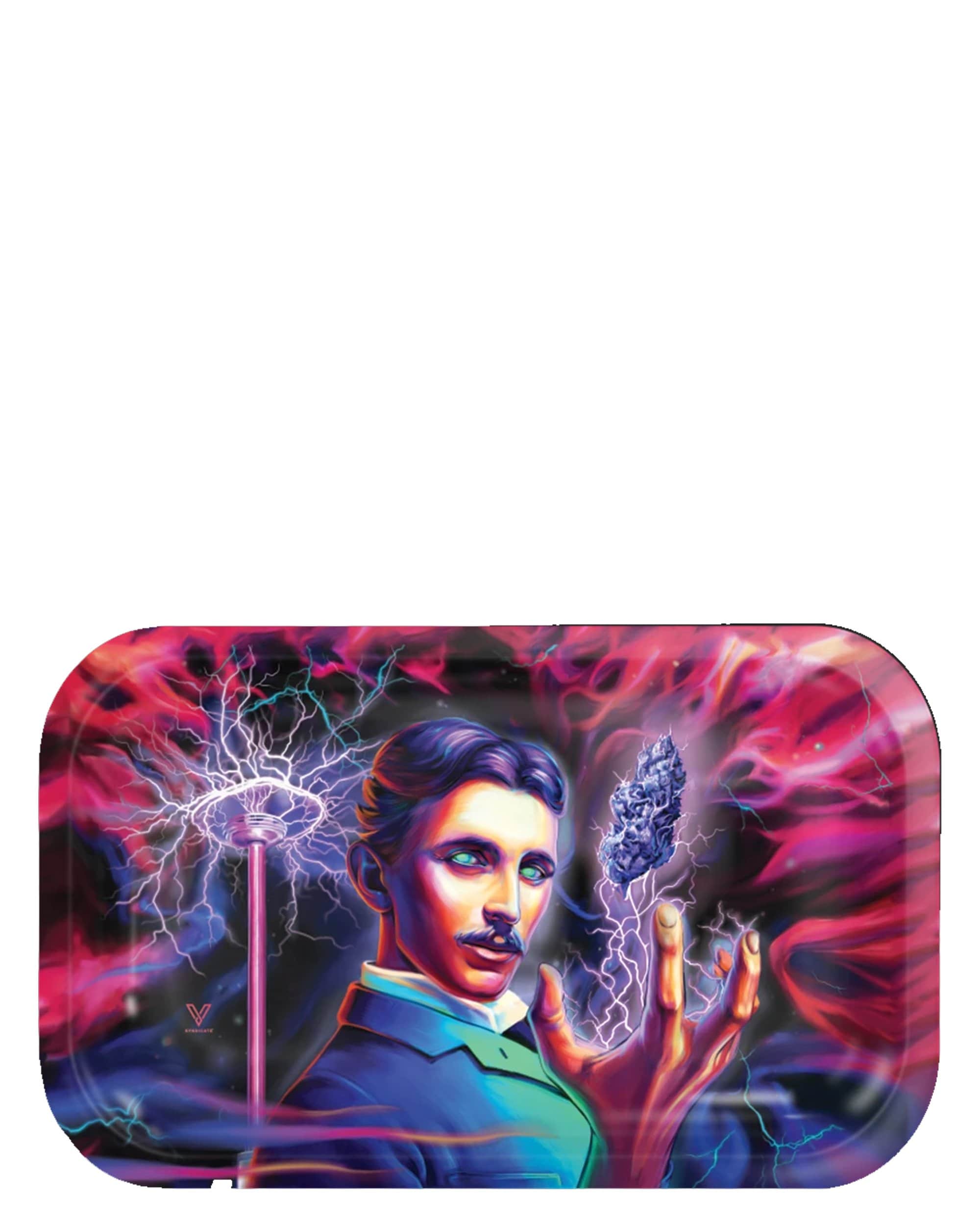 Metal Rolling Tray depicts a man in a vintage suit seemingly conducting electricity with his hands.