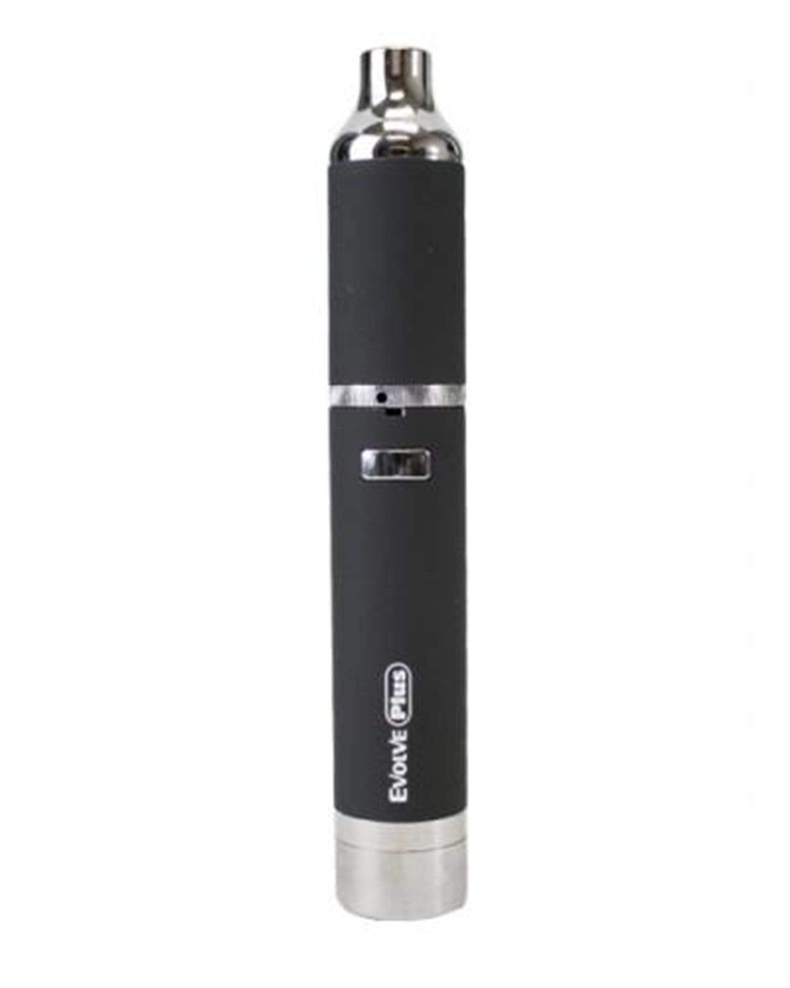 Front view of the Evolve Plus Vaporizer Pen, a sleek, black pen-style vaporizer with silver accents.